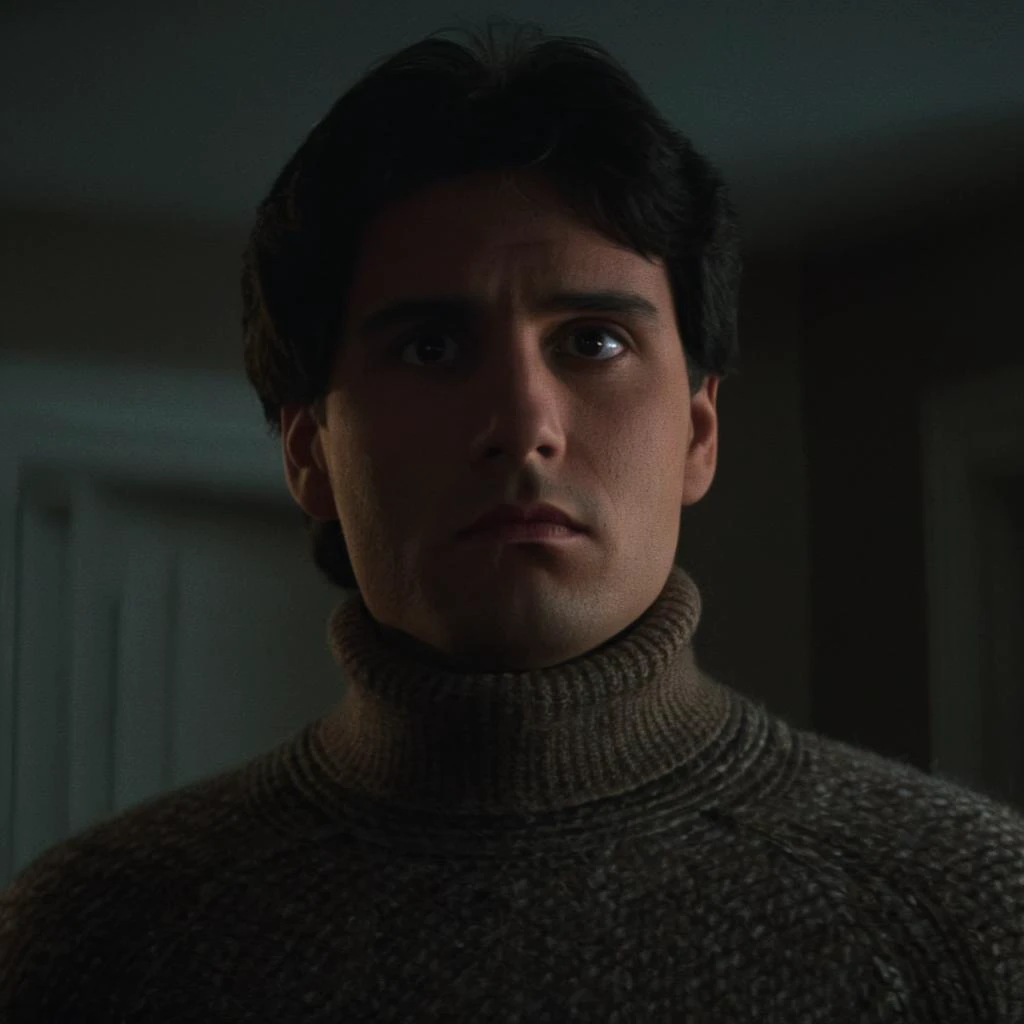 Horror-themed, <lora:Fright Night 1985 style v2:0.9>
In the 1980's Cinematic low angle Medium Shot,Film Footage captured by Panavision Cameras and Lenses,Jerry Dandrige a cute looking man in a turtle neck sweater looks at the camera with innocent look on his face Fright Night 1985 Film Style,solo,black hair,1boy,brown eyes,closed mouth,male focus,black eyes,sweater,turtleneck,portrait,realistic , horror themed, dark themed, low key light, dramatic light, dramatic shadow light, contrast, cinematic color, cinematic look, filmic, realistic, realism, perfection, perfect, Kodak, Kodak film, movie still, Fright Night 1985 style, Fright Night Film style, Eerie, unsettling, dark, spooky, suspenseful, grim, highly detailed
