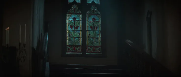cinematic film still of  <lora:Fright Night 1985 style v2:1>
In the 1980's a stained glass window in a building,indoors,no humans,window,plant,scenery,stairs,candle,dark,stained glass,church,chandelier , horror themed, dark themed, low key light, dramatic light, dramatic shadow light, contrast, cinematic color, cinematic look, filmic, realistic, realism, perfection, perfect, Kodak, Kodak film, movie still, Fright Night 1985 style, Fright Night Film style, shallow depth of field, vignette, highly detailed, high budget, bokeh, cinemascope, moody, epic, gorgeous, film grain, grainy