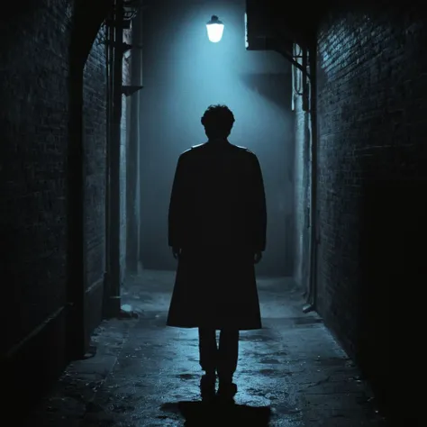 Horror-themed, <lora:Fright Night 1985 style v2:0.9>
In the 1980's a man from behind standing in a dark alley with a light on,solo,1boy,standing,monochrome,male focus,from behind,coat,shadow,building,scenery,silhouette,light,dark,lamppost , horror themed, dark themed, low key light, dramatic light, dramatic shadow light, contrast, cinematic color, cinematic look, filmic, realistic, realism, perfection, perfect, Kodak, Kodak film, movie still, Fright Night 1985 style, Fright Night Film style, Eerie, unsettling, dark, spooky, suspenseful, grim, highly detailed