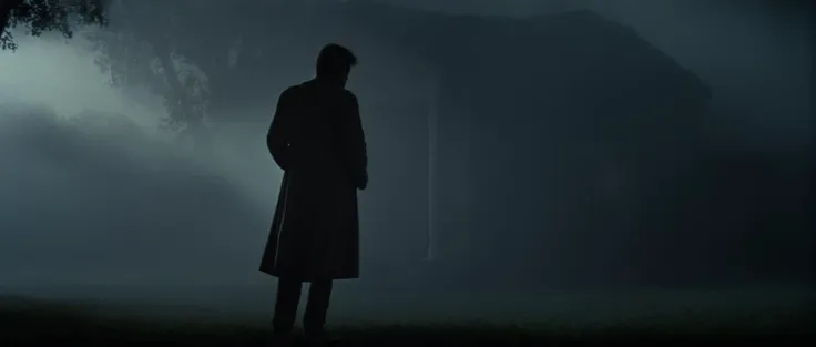 cinematic film still of  <lora:Fright Night 1985 style v2:1>
In the 1980's a silhouette man in a long coat standing in front of a falling fog house,solo,1boy,standing,outdoors,sky,cloud,from behind,tree,coat,night,grass,building,nature,scenery,1other,dark , horror themed, dark themed, low key light, dramatic light, dramatic shadow light, contrast, cinematic color, cinematic look, filmic, realistic, realism, perfection, perfect, Kodak, Kodak film, movie still, Fright Night 1985 style, Fright Night Film style, shallow depth of field, vignette, highly detailed, high budget, bokeh, cinemascope, moody, epic, gorgeous, film grain, grainy