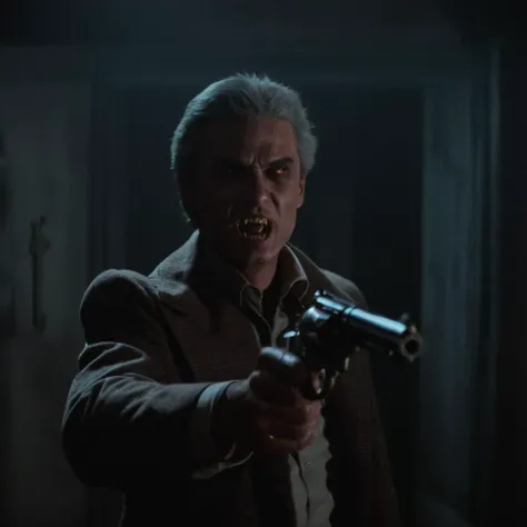 Horror-themed, <lora:Fright Night 1985 style v2:0.9>
In the 1980's Cinematic Medium Shot Film Footage captured by Panavision Cameras and Lenses,Peter Vincent a man shooting a revolver colt gun in a dark room at camera with grin teeth and angry face,with candle still light hanging on wall in background,Fright Night 1985 Film Style,solo,looking at viewer,1boy,weapon,grey hair,male focus,teeth,blurry,gun,depth of field,blurry foreground , horror themed, dark themed, low key light, dramatic light, dramatic shadow light, contrast, cinematic color, cinematic look, filmic, realistic, realism, perfection, perfect, Kodak, Kodak film, movie still, Fright Night 1985 style, Fright Night Film style, Eerie, unsettling, dark, spooky, suspenseful, grim, highly detailed