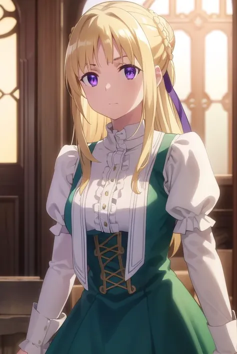 ortfinefrederickavoneylstadt, <lora:ortfine fredericka von eylstadt s1-lora-nochekaiser:1>,
ortfine fredericka von eylstadt, long hair, blonde hair, (purple eyes:1.1), braid, hair bun, single hair bun,
BREAK long sleeves, dress, ribbon, pantyhose, shoes, puffy sleeves, brown footwear, green dress, juliet sleeves, frills,
BREAK indoors, castle,
BREAK looking at viewer, (cowboy shot:1.5), dynamic pose,
BREAK <lyco:GoodHands-beta2:1>, (masterpiece:1.2), best quality, high resolution, unity 8k wallpaper, (illustration:0.8), (beautiful detailed eyes:1.6), extremely detailed face, perfect lighting, extremely detailed CG, (perfect hands, perfect anatomy),