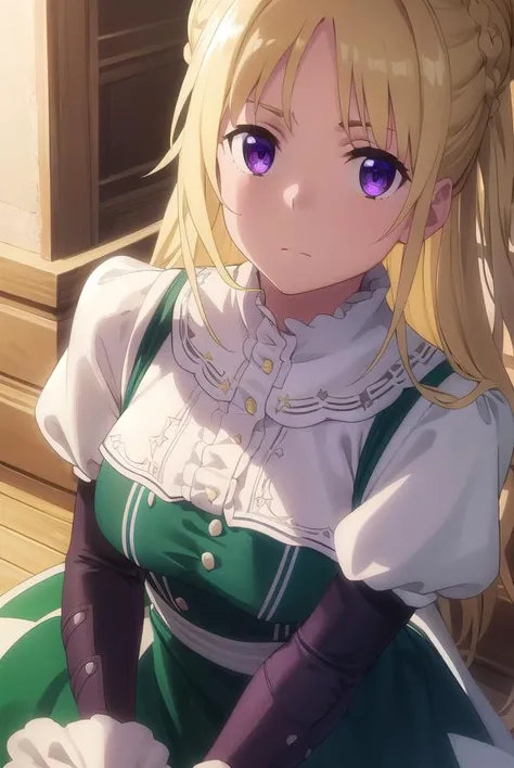 ortfinefrederickavoneylstadt, <lora:ortfine fredericka von eylstadt s1-lora-nochekaiser:1>,
ortfine fredericka von eylstadt, long hair, blonde hair, (purple eyes:1.1), braid, hair bun, single hair bun,
BREAK long sleeves, dress, ribbon, pantyhose, shoes, puffy sleeves, brown footwear, green dress, juliet sleeves, frills,
BREAK indoors, castle,
BREAK looking at viewer, (cowboy shot:1.5), dynamic pose,
BREAK <lyco:GoodHands-beta2:1>, (masterpiece:1.2), best quality, high resolution, unity 8k wallpaper, (illustration:0.8), (beautiful detailed eyes:1.6), extremely detailed face, perfect lighting, extremely detailed CG, (perfect hands, perfect anatomy),
