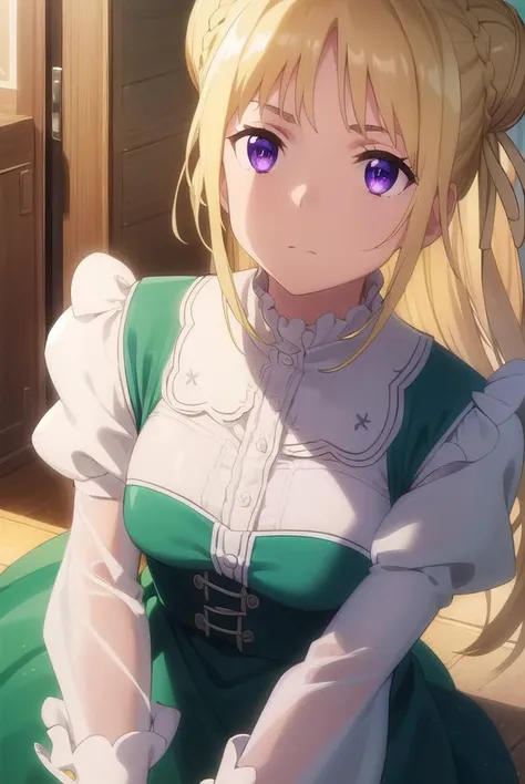 ortfinefrederickavoneylstadt, <lora:ortfine fredericka von eylstadt s1-lora-nochekaiser:1>,
ortfine fredericka von eylstadt, long hair, blonde hair, (purple eyes:1.1), braid, hair bun, single hair bun,
BREAK long sleeves, dress, ribbon, pantyhose, shoes, puffy sleeves, brown footwear, green dress, juliet sleeves, frills,
BREAK indoors, castle,
BREAK looking at viewer, (cowboy shot:1.5), dynamic pose,
BREAK <lyco:GoodHands-beta2:1>, (masterpiece:1.2), best quality, high resolution, unity 8k wallpaper, (illustration:0.8), (beautiful detailed eyes:1.6), extremely detailed face, perfect lighting, extremely detailed CG, (perfect hands, perfect anatomy),
