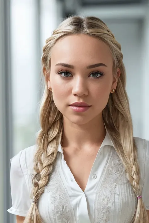 headshot of S185_BarbieBrill,a beautiful woman,in a (corridor:1.1),wearing a (blouse:1.1),(braid),(8k, RAW photo, best quality, depth of field, ultra high res:1.2),(absurdres, intricate, photorealistic, masterpiece, ultra-detailed:1.3),