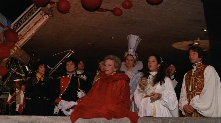 1978 Jodorowsky film scene of flying spinnakers of a bloody castle in the sky amongst the clouds in the sky at twilight<lora:boring-v4:0.4><lora:boring-alpha-v3:0.3> <lora:boring-v4-faces-version:0.4>