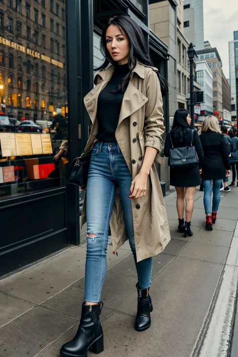 M4r1ann3Dv4z, woman, strolling through a bustling city street, dressed in a fashionable trenchcoat, fitted jeans, ankle boots, and a stylish handbag, black hair, brown eyes, blue nails, cinematic lighting, intricate details, realistic, 8k <lora:M4r1ann3Dv4z:1>
