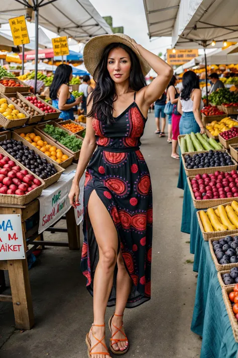 Beautiful 20 yo Mediterranean woman, beautiful athletic figure, shapely toned legs, perfect round ass, natural perky breasts,(abs), long dark hair, green eyes. (joy:1.4), sweet smile, sunglasses, necklace, blood orange dress, sandals, hat. Shopping.