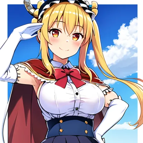 masterpiece, 1girl , (tohru), bangs, black skirt, blue background, blue sky, border, bow, bowtie, buttons, cape, capelet, epaulettes, gloves, hair ornament, hairpin, hand on hip, hat, light blush, light smile, long sleeves, looking at viewer, military, military uniform, pleated skirt, pose, salute, skirt, sky, smile, solo, striped, striped bow, tan, uniform, white capelet, white gloves