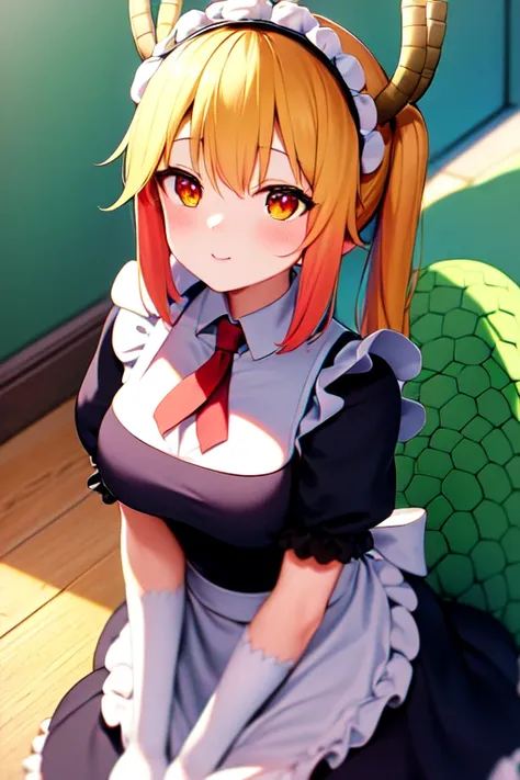 masterpiece, best quality,  <lora:tohruKobayashiSanChiNo_v10:1>, tohru \(maidragon\), dress maid, dragons tail