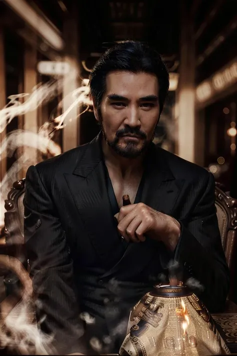 (feixiang),cigar,a realistic portrait photography of a man sitting in a wooden chair lighting a cigarette in black suit,muscle,beautiful and detailed face,looking at viewer,<lora:feixiang_v1:1>,
ornate,details,ornament,dramatic cinematic lighting,bokeh background,dark atmospheric,