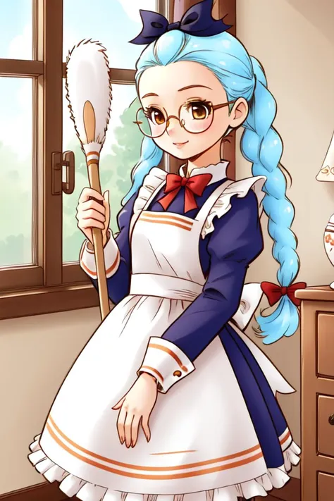 1 girl, indoors, cleaning, holding duster, feather duster, window,
 <lora:Harvest_Moon_Hero_of_Leaf_Valley_-_Gina:0.5> holvgina, light blue hair, long hair, twintails, braid, hair bow, forehead, brown eyes,
glasses, maid, blue dress, apron,