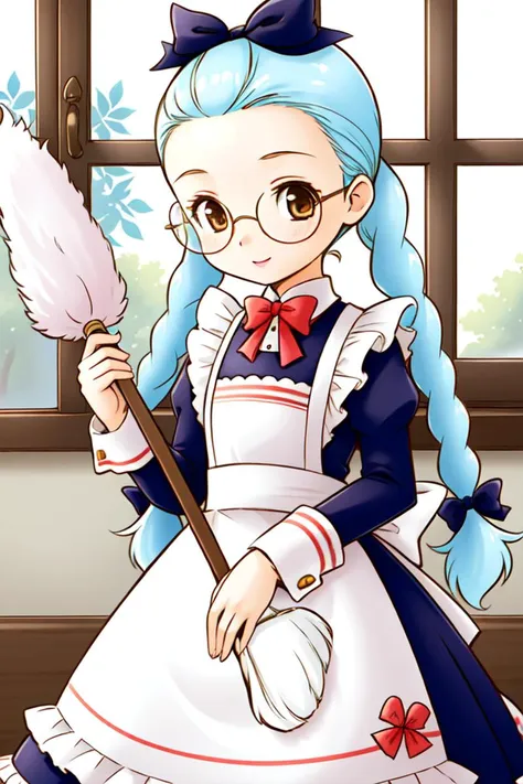 1 girl, indoors, cleaning, holding duster, feather duster, window,
 <lora:Harvest_Moon_Hero_of_Leaf_Valley_-_Gina:0.5> holvgina, light blue hair, long hair, twintails, braid, hair bow, forehead, brown eyes,
glasses, maid, blue dress, apron,