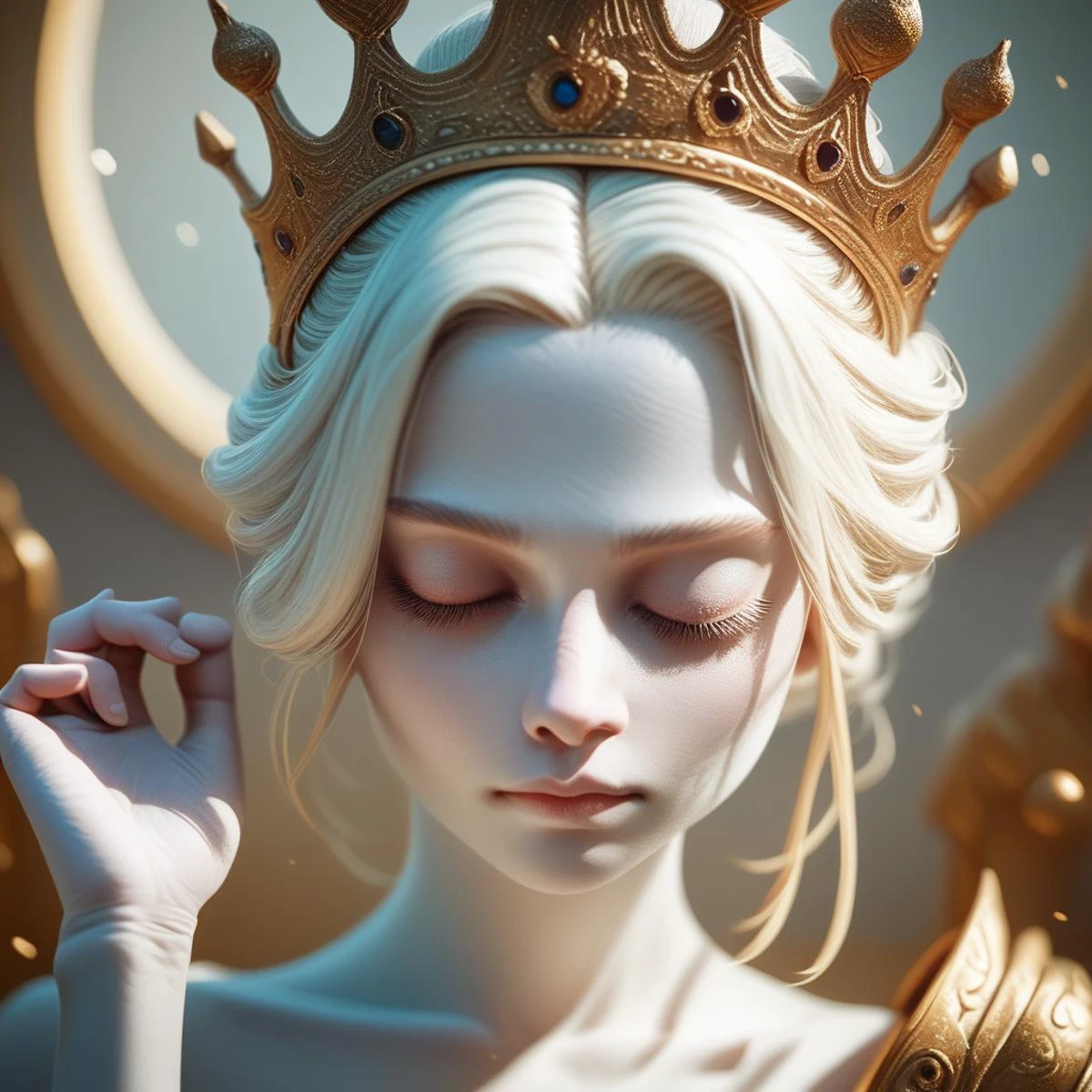 njmjzkz, solo, 1girl, closed eyes, portrait, white hair, closed mouth, hand up, crown, statue, colored skin, blonde hair, collarbone, pale skin, blurry, white skin, score_9, score_8_up, score_7_up, score_6_up, score_5_up, score_4_up, realistic
