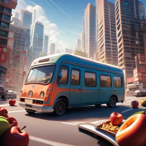 njmjzkz, (a bus made out of fruit), world morph, ground vehicle, motor vehicle, fruit, no humans, car, food, scenery, building, outdoors, road, apple, truck, street, window, city, traffic light, banana, score_9, score_8_up, score_7_up, score_6_up, score_5_up, score_4_up, realistic