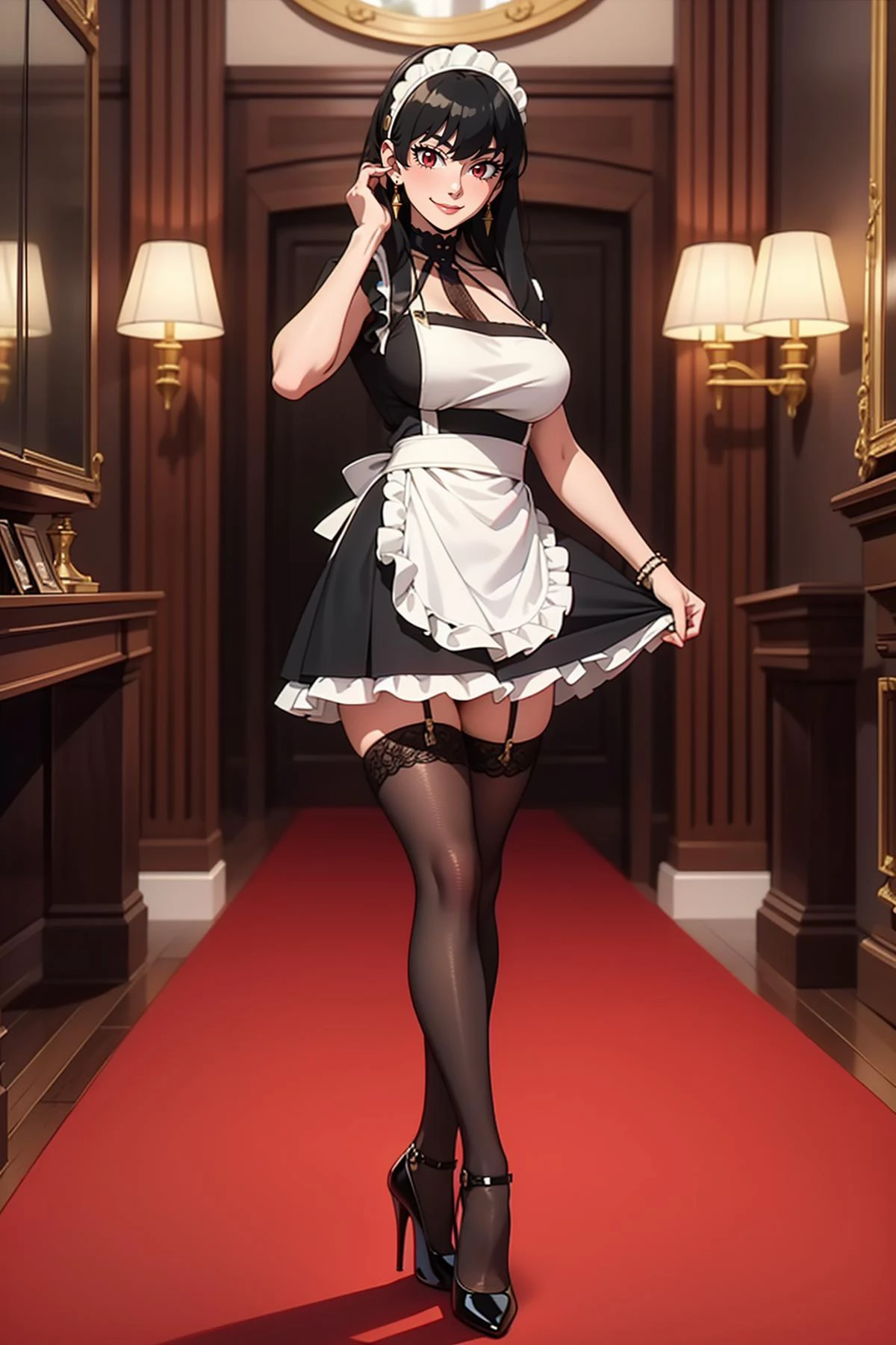 1girl, solo, full body, <lora:Char_sxf-YorForger:0.74> pikkyyor, 1girl, solo, looking at viewer, black hair, sidelocks, bangs, long hair, short hair with long locks, red eyes, breasts, large breasts, white hairband, earrings, hairband, moody, smile, French maid gothic in a luxurious mansion, ((stockings, high heels)), ((apron and frills, headdress)), (voluminous petticoat:1.2 skirt black shiny satin), grand interior, baroque elements, elegant, detailed, 8k resolution,