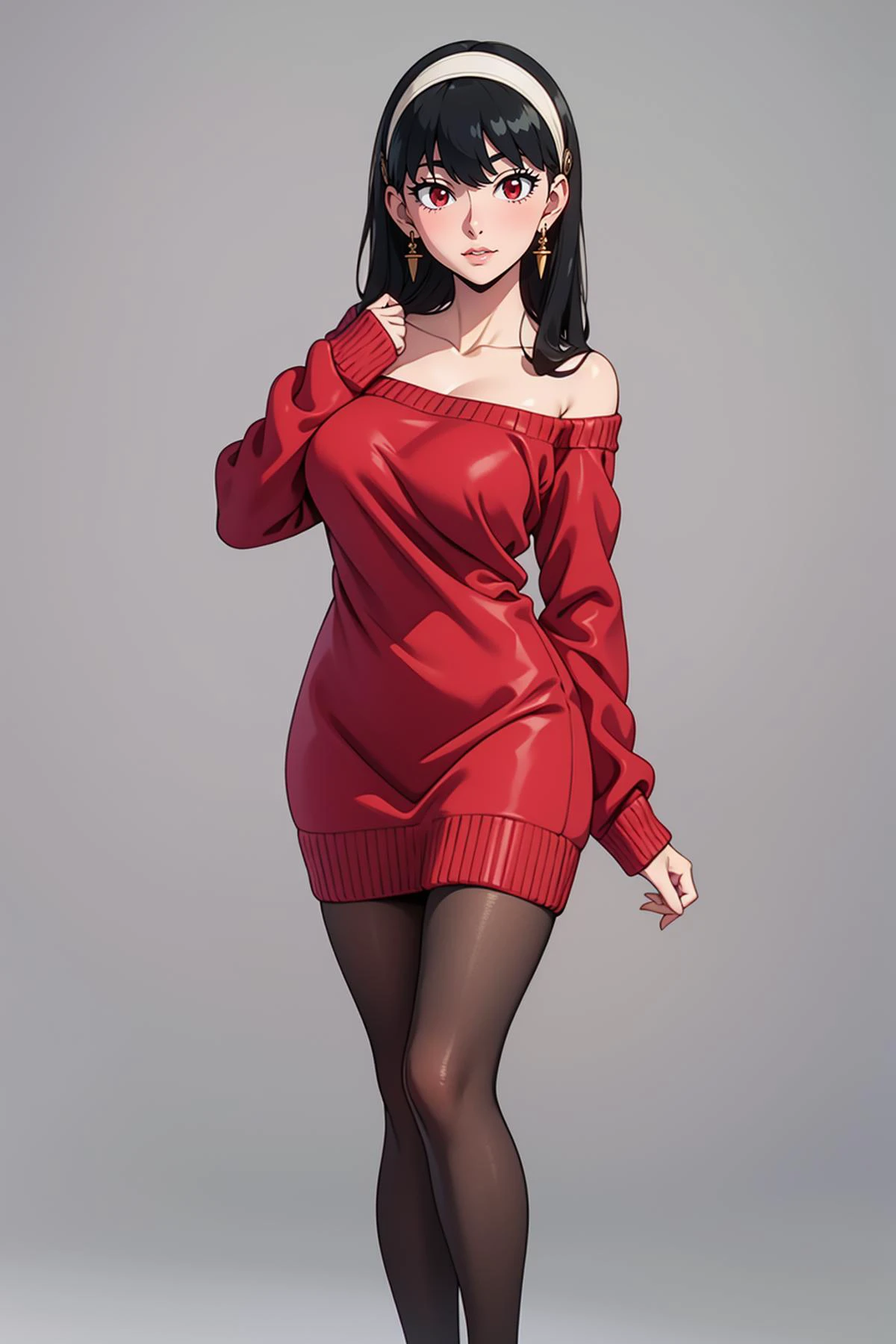 1girl, solo, full body, <lora:Char_sxf-YorForger:0.74> pikkyyor, 1girl, solo, looking at viewer, black hair, sidelocks, bangs, long hair, short hair with long locks, red eyes, breasts, large breasts, white hairband, earrings, hairband, sweater, red sweater, sweater dress, black pantyhose, dress, jewelry, off shoulder, collarbone, off-shoulder sweater, long sleeves