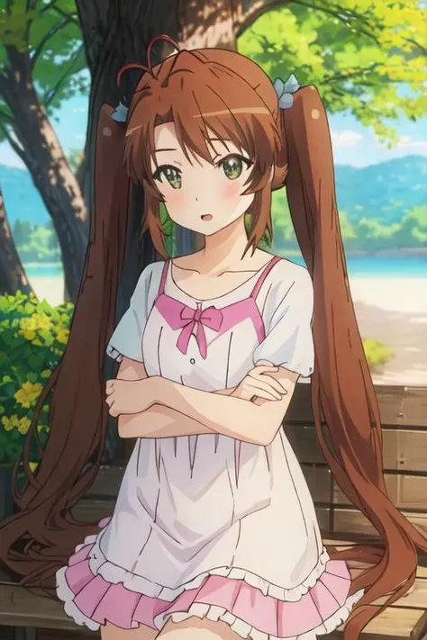 best quality, masterpiece, highres, solo, {koshigaya_komari_nonnonbiyori:1.15}, brown_hair, long_hair, green_eyes, blush, antenna_hair, bangs, 1girl, bare_shoulders, blue_dress, collarbone, dress, hat, sleeveless, blurry, blurry_background, open_mouth, outdoors, sun_hat, blue_sky, cloud, day, sky, upper_body, sleeveless_dress, striped