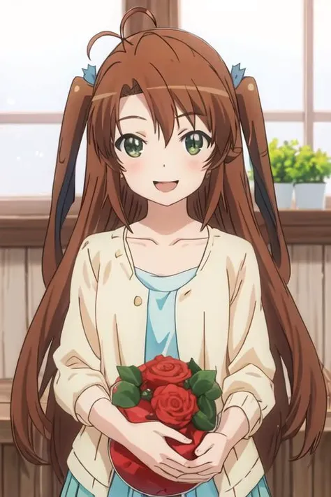 best quality, masterpiece, highres, solo, {koshigaya_komari_nonnonbiyori:1.15}, brown_hair, long_hair, green_eyes, blush, antenna_hair, bangs, 1girl, collarbone, open_mouth, shirt, smile, upper_body, :d, anime_coloring, blue_shirt, hair_between_eyes, white_shirt