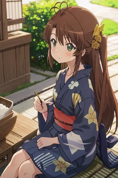 best quality, masterpiece, highres, solo, {yukata:1.40}, {kimono:1.20}, {koshigaya_komari_nonnonbiyori:1.15}, brown_hair, long_hair, green_eyes, blush, antenna_hair, bangs