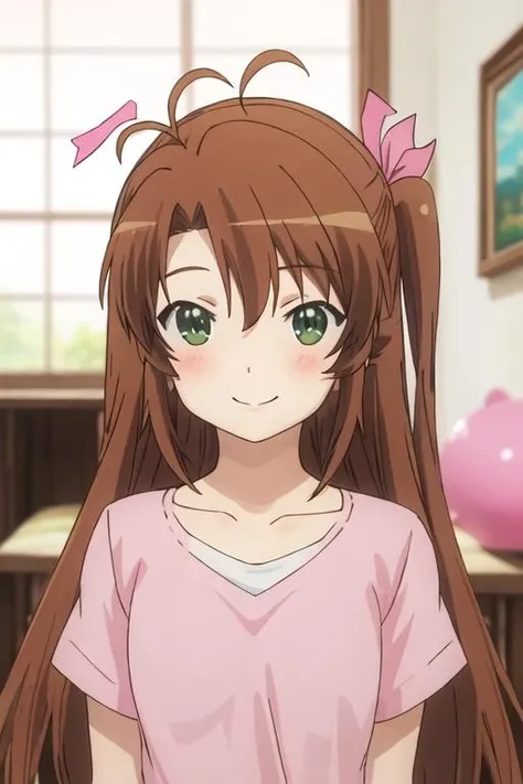 best quality, masterpiece, highres, solo, {koshigaya_komari_nonnonbiyori:1.15}, brown_hair, long_hair, green_eyes, blush, antenna_hair, bangs, 1girl, closed_mouth, indoors, pink_shirt, portrait, shirt, blurry, blurry_background, hair_between_eyes, smile, collarbone, pink_ribbon