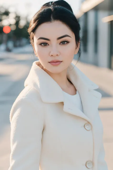 Minimalist style winter coat, face portrait, Bluedette SG, (8k, RAW photo, best quality, masterpiece:1.2), (realistic, photo-realistic:1.37), best quality, ultra high res, (natural skin texture, hyperrealism, soft light, sharp:1.2), (high contrast:1.1), (intense:1.1), (detailed:1.1), (highest quality, (analog:1.2), (high sharpness), real shadow, photographed by Canon EOS R6, 135mm, 1/1250s, f/2.8, ISO 400, . Simple, clean, uncluttered, modern, elegant