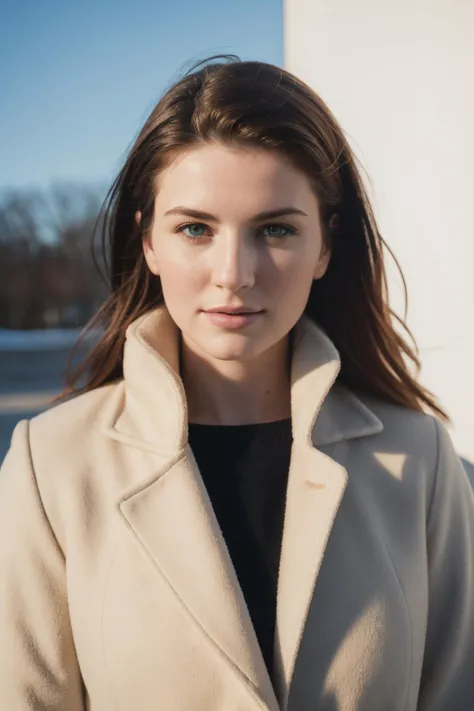 Minimalist style winter coat, face portrait, Skella SG, (8k, RAW photo, best quality, masterpiece:1.2), (realistic, photo-realistic:1.37), best quality, ultra high res, (natural skin texture, hyperrealism, soft light, sharp:1.2), (high contrast:1.1), (intense:1.1), (detailed:1.1), (highest quality, (analog:1.2), (high sharpness), real shadow, photographed by Canon EOS R6, 135mm, 1/1250s, f/2.8, ISO 400, . Simple, clean, uncluttered, modern, elegant