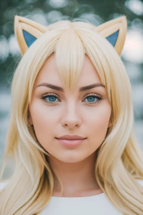 blonde hair, hair bobbles, wince, longeyelashes, solid circle eyes, fake animal ears, light smile, ear blush, fang, ccurate, Surrealism, drop shadow, anaglyph, stereogram, tachi-e, pov, atmospheric perspective, 8k, super detail, best quality