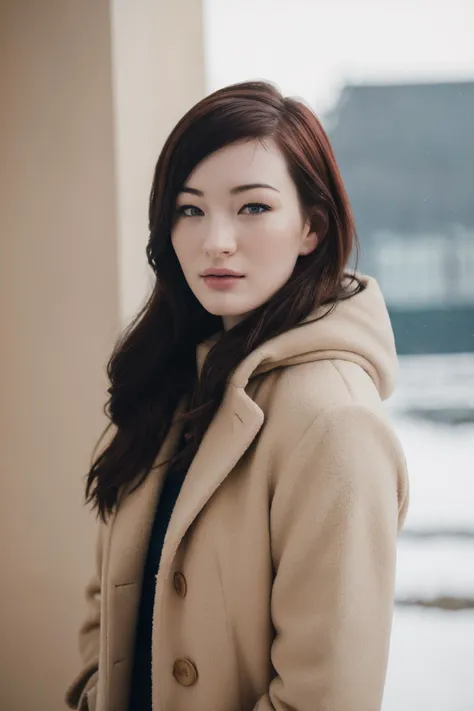 Minimalist style winter coat, face portrait, Lynienicole SG, (8k, RAW photo, best quality, masterpiece:1.2), (realistic, photo-realistic:1.37), best quality, ultra high res, (natural skin texture, hyperrealism, soft light, sharp:1.2), (high contrast:1.1), (intense:1.1), (detailed:1.1), (highest quality, (analog:1.2), (high sharpness), real shadow, photographed by Canon EOS R6, 135mm, 1/1250s, f/2.8, ISO 400, . Simple, clean, uncluttered, modern, elegant