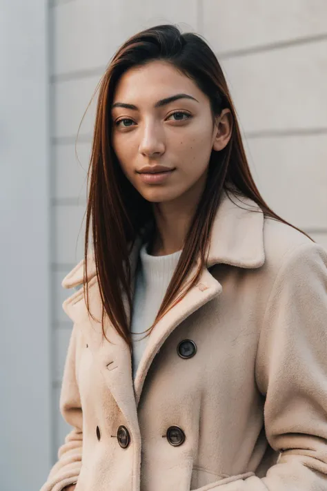Minimalist style winter coat, face portrait, Nefka SG, (8k, RAW photo, best quality, masterpiece:1.2), (realistic, photo-realistic:1.37), best quality, ultra high res, (natural skin texture, hyperrealism, soft light, sharp:1.2), (high contrast:1.1), (intense:1.1), (detailed:1.1), (highest quality, (analog:1.2), (high sharpness), real shadow, photographed by Canon EOS R6, 135mm, 1/1250s, f/2.8, ISO 400, . Simple, clean, uncluttered, modern, elegant