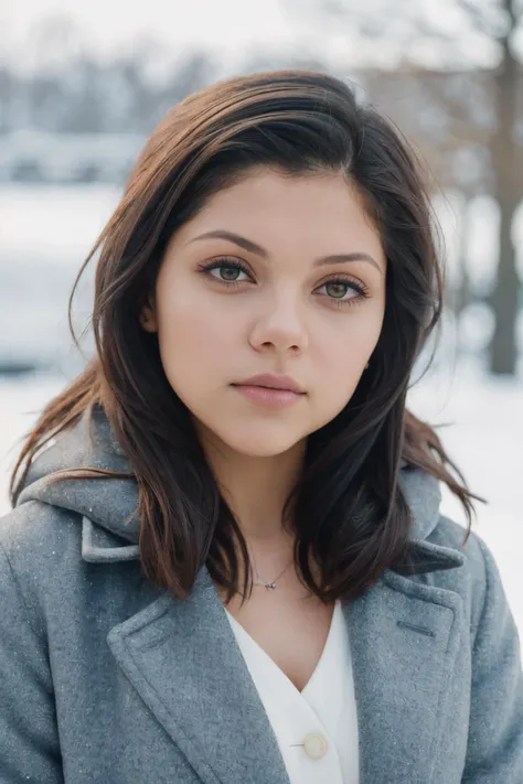 Minimalist style winter coat, face portrait, Agatha SG, (8k, RAW photo, best quality, masterpiece:1.2), (realistic, photo-realistic:1.37), best quality, ultra high res, (natural skin texture, hyperrealism, soft light, sharp:1.2), (high contrast:1.1), (intense:1.1), (detailed:1.1), (highest quality, (analog:1.2), (high sharpness), real shadow, photographed by Canon EOS R6, 135mm, 1/1250s, f/2.8, ISO 400, . Simple, clean, uncluttered, modern, elegant