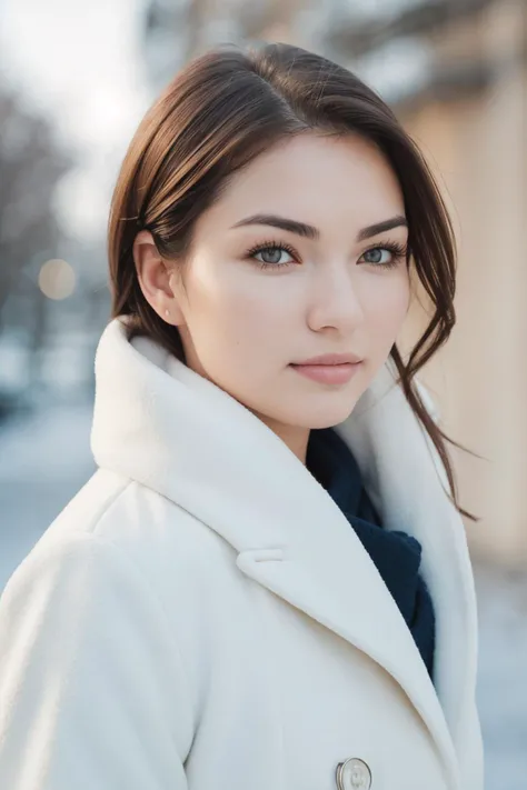 Minimalist style winter coat, face portrait, Gloom SG, (8k, RAW photo, best quality, masterpiece:1.2), (realistic, photo-realistic:1.37), best quality, ultra high res, (natural skin texture, hyperrealism, soft light, sharp:1.2), (high contrast:1.1), (intense:1.1), (detailed:1.1), (highest quality, (analog:1.2), (high sharpness), real shadow, photographed by Canon EOS R6, 135mm, 1/1250s, f/2.8, ISO 400, . Simple, clean, uncluttered, modern, elegant