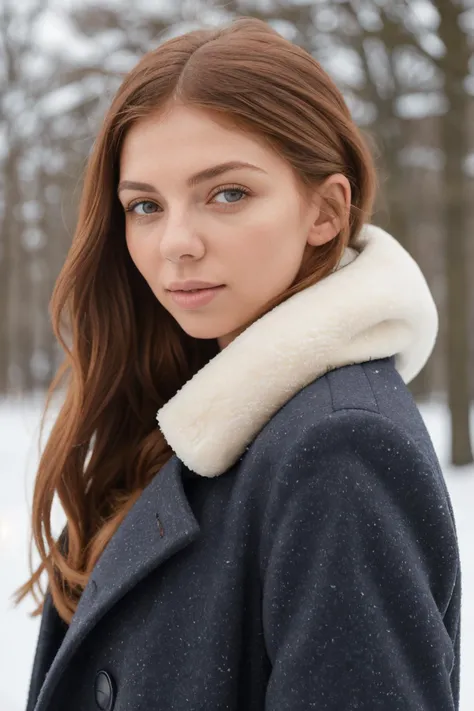 Minimalist style winter coat, face portrait, Elisarose SG, (8k, RAW photo, best quality, masterpiece:1.2), (realistic, photo-realistic:1.37), best quality, ultra high res, (natural skin texture, hyperrealism, soft light, sharp:1.2), (high contrast:1.1), (intense:1.1), (detailed:1.1), (highest quality, (analog:1.2), (high sharpness), real shadow, photographed by Canon EOS R6, 135mm, 1/1250s, f/2.8, ISO 400, . Simple, clean, uncluttered, modern, elegant
