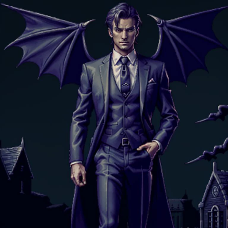 highest quality, highest quality visuals, highest details,, <lora:SNES Demons Crest Style - V4-000006:0.5> Demon's_Crest_Style, SNES, pixel_art, gothic aesthetics, night time, demon, lawyer, suit, tie, wings, claws, fangs,