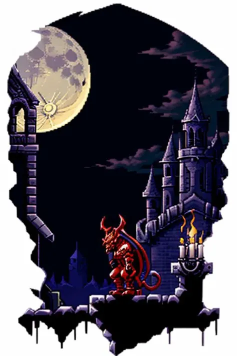 <lora:SNES Demons Crest Style - V4-000006:0.5> Demon's_Crest_Style, SNES, pixel_art, gothic aesthetics, night time, torches, destroyed architecture, clouds, full moon, moonlight, bones, red demon,, highest quality, highest quality visuals, highest details,