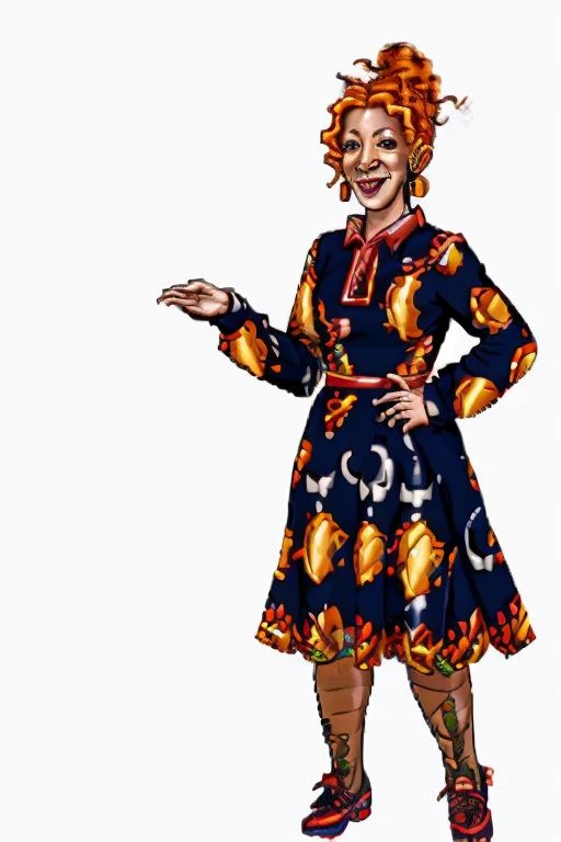 <lora:SNES Demons Crest Style - V4:0.8> demon's_crest_style, snes, pixel_art, gothic aesthetics, <lora:Ms_frizzle1:0.85> valerie frizzle, 1girl, smile, solo, dress, orange hair, long sleeves, open mouth, earrings, jewelry, full body, shoes, print dress, hair bun, black eyes, single hair bun, standing