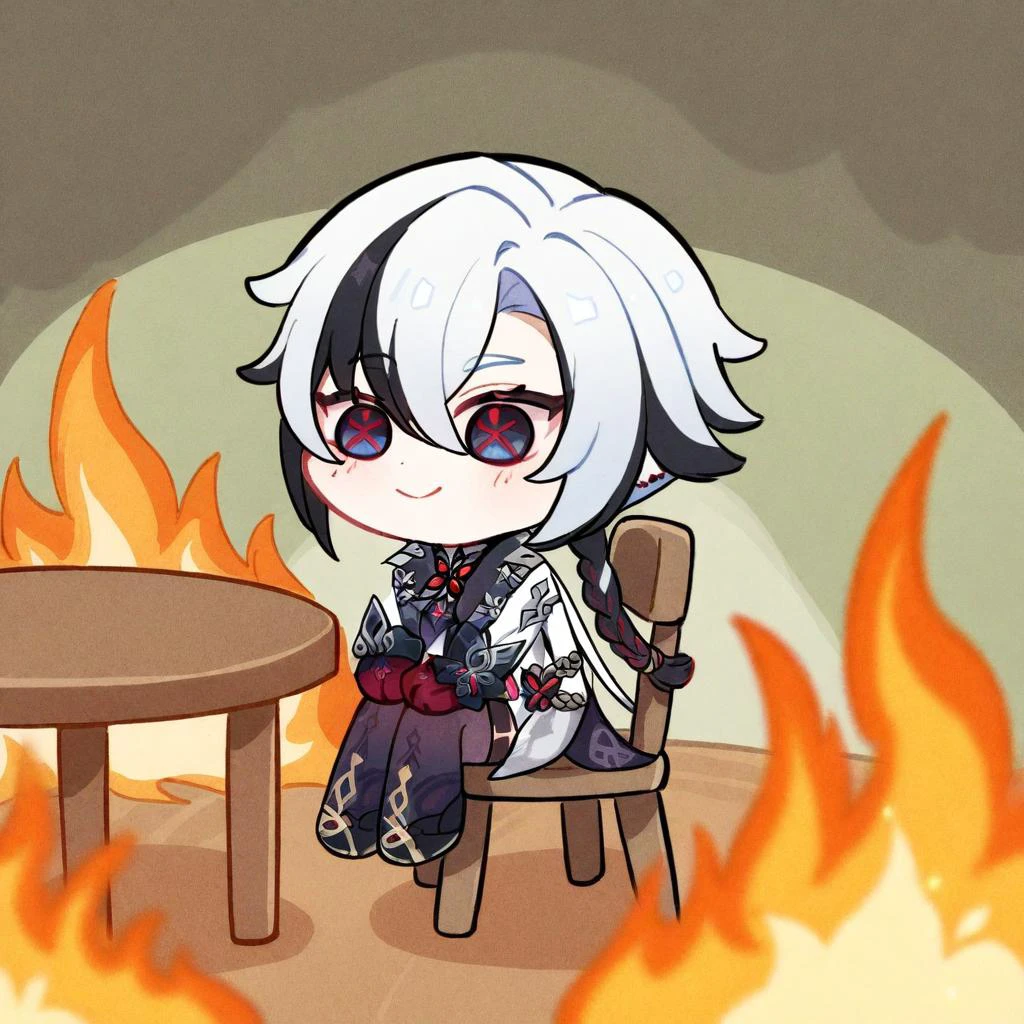 fire, sitting, smile, chibi, table, chair, arlecchino \(genshin impact\), masterpiece, best quality, <lora:arlecchino_xl:1>, <lora:XL_this is fine(a3):1>
