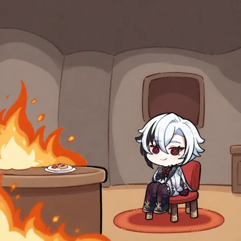 burning room, fire, sitting, smile, chibi, table, chair, arlecchino \(genshin impact\), masterpiece, best quality, <lora:arlecchino_xl:1>, <lora:XL_this is fine(a3):1>