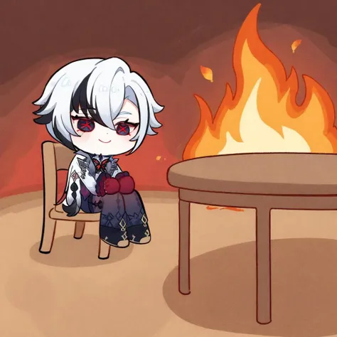 burning room, fire, sitting, smile, chibi, table, chair, arlecchino \(genshin impact\), masterpiece, best quality, <lora:arlecchino_xl:1>, <lora:XL_this is fine(a3):1>