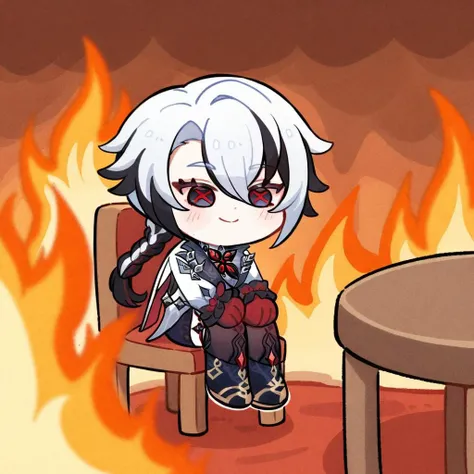 burning room, fire, sitting, smile, chibi, table, chair, arlecchino \(genshin impact\), masterpiece, best quality, <lora:arlecchino_xl:1>, <lora:XL_this is fine(a3):1>