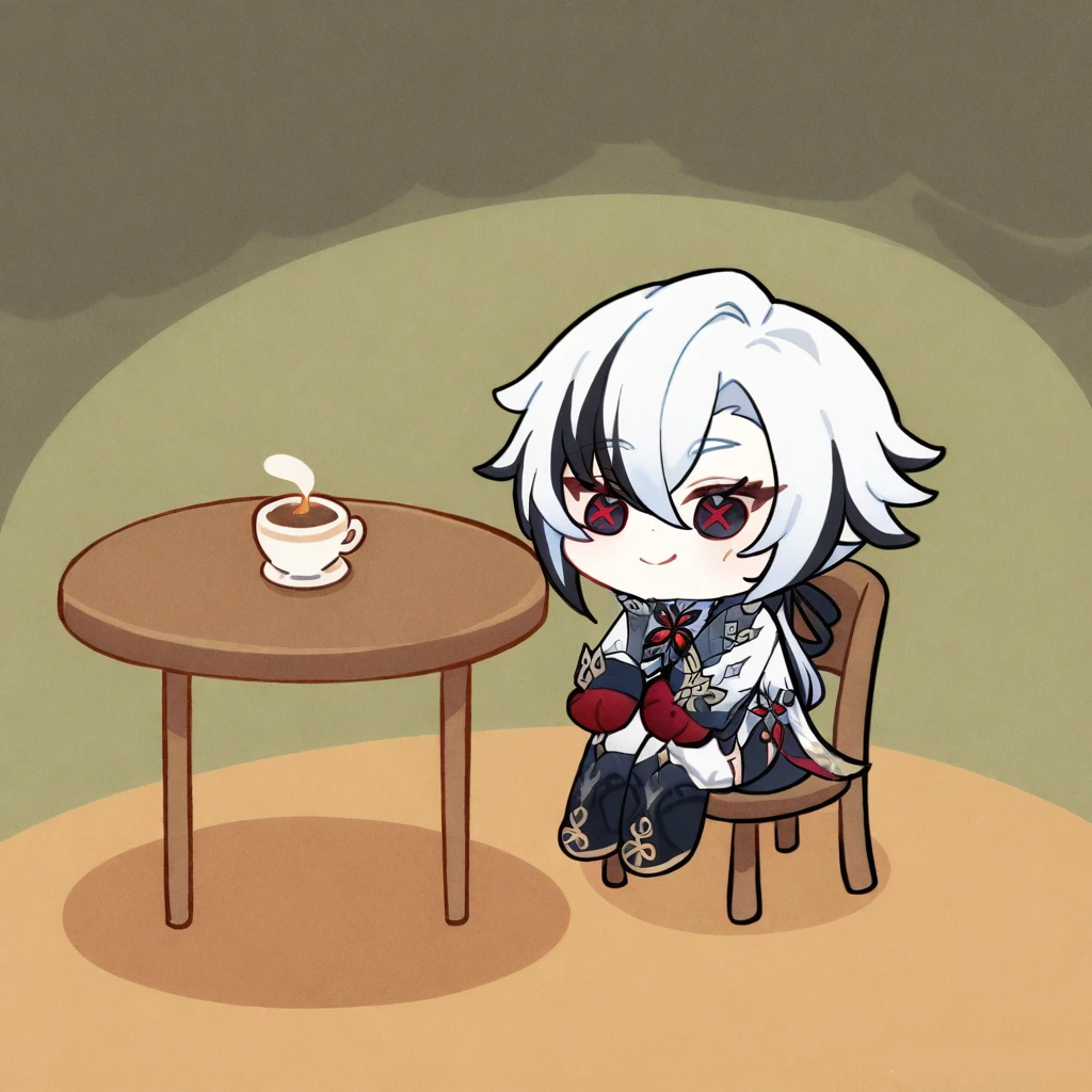 1girl, fire, sitting, smile, chibi, table, chair, arlecchino \(genshin impact\), masterpiece, best quality, <lora:arlecchino_xl:1>, <lora:XL_this is fine(a3):1>