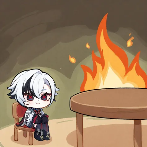 fire, sitting, smile, chibi, table, chair, arlecchino \(genshin impact\), masterpiece, best quality, <lora:arlecchino_xl:1>, <lora:XL_this is fine(a3):1>