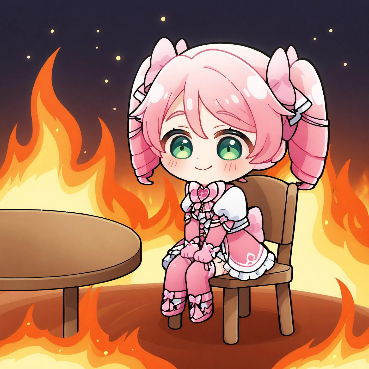 <lora:XL_this is fine(a3):1>,1girl,fire,sitting,smile,chibi,table,chair, masterpiece,best quality,
<lora:haruka-hanabishi-ponyxl-lora-nochekaiser:1>, haruka hanabishi, twintails, green eyes, pink hair, thighhighs, gloves, dress, bow, magical girl, pink gloves,