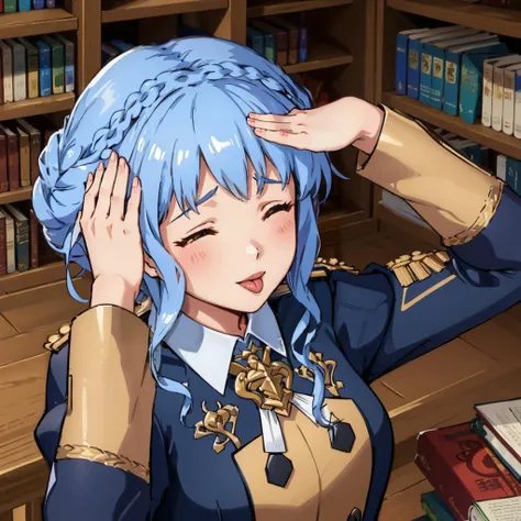 masterpiece, best quality, <lora:fireemblem_marianne_v2-10:0.8> marianneuniform, crown braid, uniform, epaulettes, long sleeves <lora:ahetobleh-nvwls-v1-final:0.8> ahetobleh, from above, hands on own head, closed eyes, tongue, library