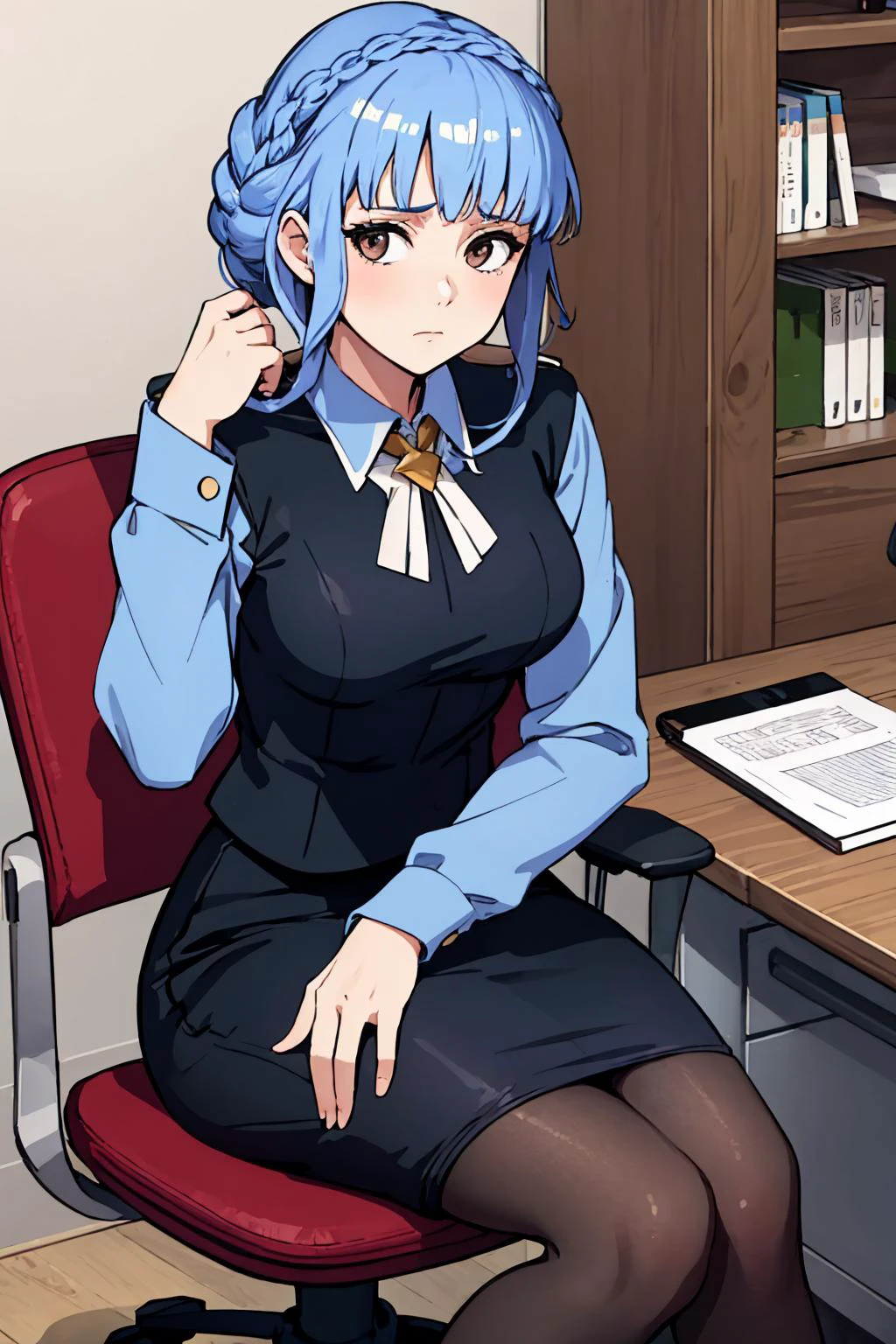 (masterpiece, best quality:1.2), solo, 1girl, mariannernd, expressionless, tired, looking at viewer, sitting, office chair, crown braid, collared shirt, long sleeves, pencil skirt, pantyhose <lora:fireemblem_marianne_v2-10:1>