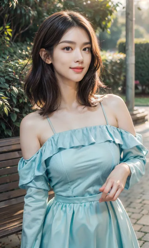 qincai, 1girl, (masterpiece),((ultra-detailed)), (highly detailed CG illustration),(expressionless), (best quality:1.2),realistic8K UHD, High definition,(1girl:1.2),High quality texture, intricate details, detailed texture, finely detailed, high detail, extremely detailed cg, High quality shadow, a realistic representation of the face, Detailed beautiful delicate face, Detailed beautiful delicate eyes, brown eye pupil, a face of perfect proportion, Depth of field, Cinematic Light, Lens Flare, Ray tracing,perspective,20s, Prominent Nose, slender face, tall girl, (big eyes:1.2),blush,glossy lips, perfect body, lean body, Particles of Light,(narrow waist:1.3), large breast, distinct_image, high_resolution, (lustrous skin), solo focus, (brown hair), (finely detailed beautiful eyes and detailed face),(detailed face), (hair streaked hair), light source contrast, short hair, ((smile)), (pureerosface_v1:0.5) , (ulzzang-6500-v1.1:0.5),  <lora:ChenHaoyu:0.7>,  <lora:add_detail:0.8>, blue top, bare shoulders, blue pettiskirt