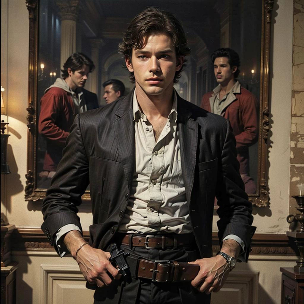 1boy,solo,male focus,realistic,brown hair,weapon,belt,jacket,manly,traditional media,formal,gun,shirt,suit,ws7,
Best quality,masterpiece,ultra high res,<lora:ws7:0.7>,