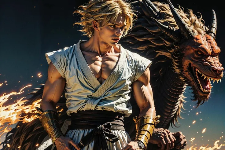 blonde hair, 1boy, male focus, dougi, super saiyan, muscular, dragon, retro artstyle, 1990s (style), spiked hair, muscular male, pectorals, glowing, super saiyan 1, glowing eyes, solo, blue eyes, aura, serious, son goku, teeth, martial arts belt, eastern dragon, hand in pocket, standing, closed mouth, looking to the side, ws7,
Best quality,masterpiece,ultra high res,<lora:ws7:0.7>,