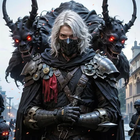 armor, weapon, 1girl, glowing, sword, glowing eyes, teeth, shoulder armor, cloak, monster, sheath, long hair, ambiguous gender, hood, helmet, medium hair, multiple others, white hair, pauldrons, red eyes, torn clothes, capelet, mask, gauntlets, scabbard, sharp teeth, open mouth, ws7,
Best quality,masterpiece,ultra high res,<lora:ws7:0.7>,