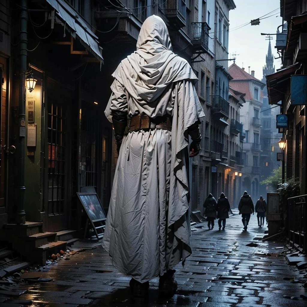 solo, 1boy, male focus, hood, gloves, from behind, cape, outdoors, sky, cloak, city, standing, full body, hood up, belt, ws7,
Best quality,masterpiece,ultra high res,<lora:ws7:0.7>,